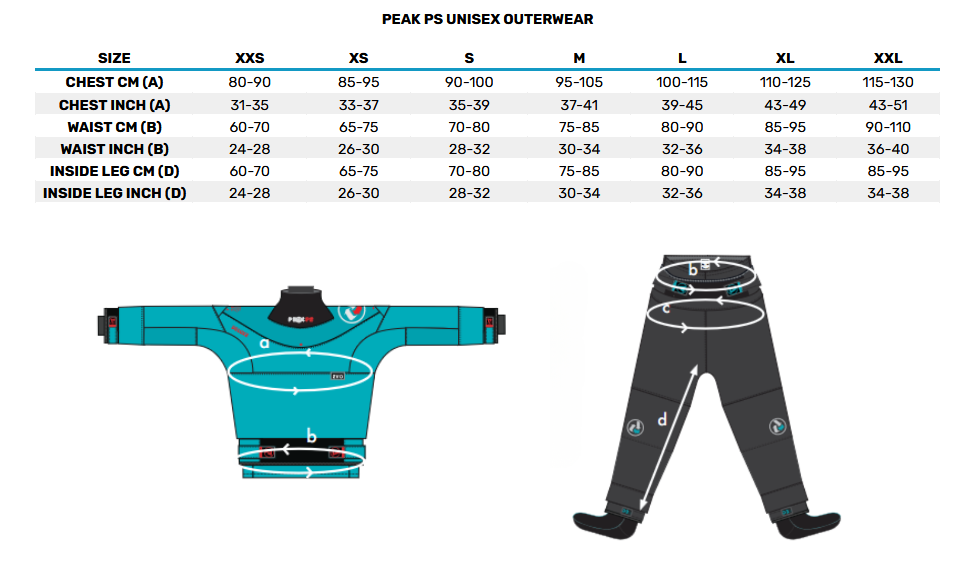 PEAK PS UNISEX OUTERWEAR 0 Størrelsesskema